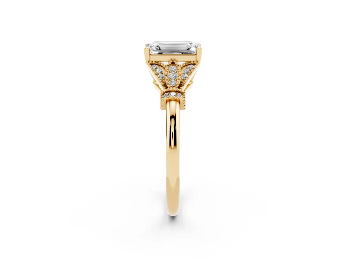 Emerald Cut Diamond Solitaire Ring with Floral Filigree and Pave Accents Yellow gold