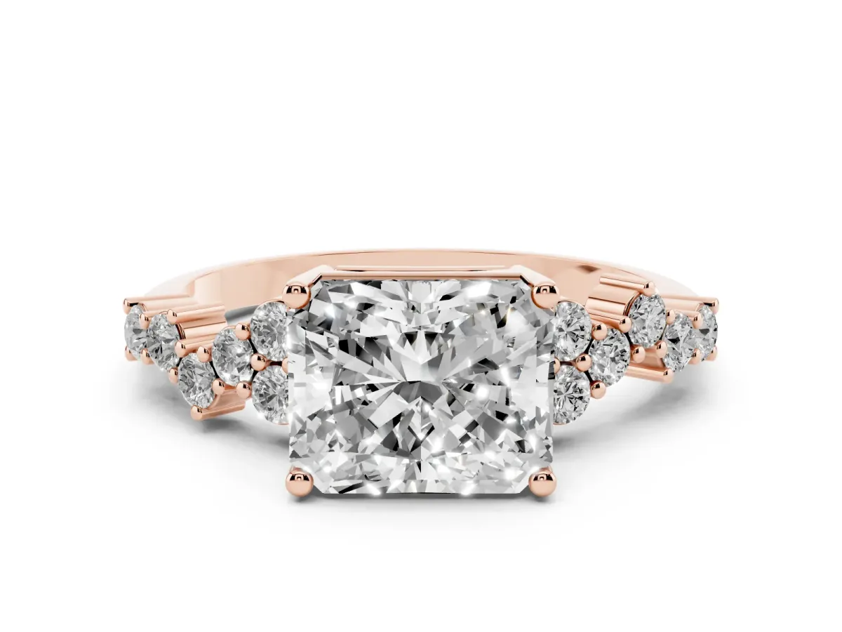 Radiant Cut Diamond Scattered Round Accent Ring with Prong Setting Rose gold
