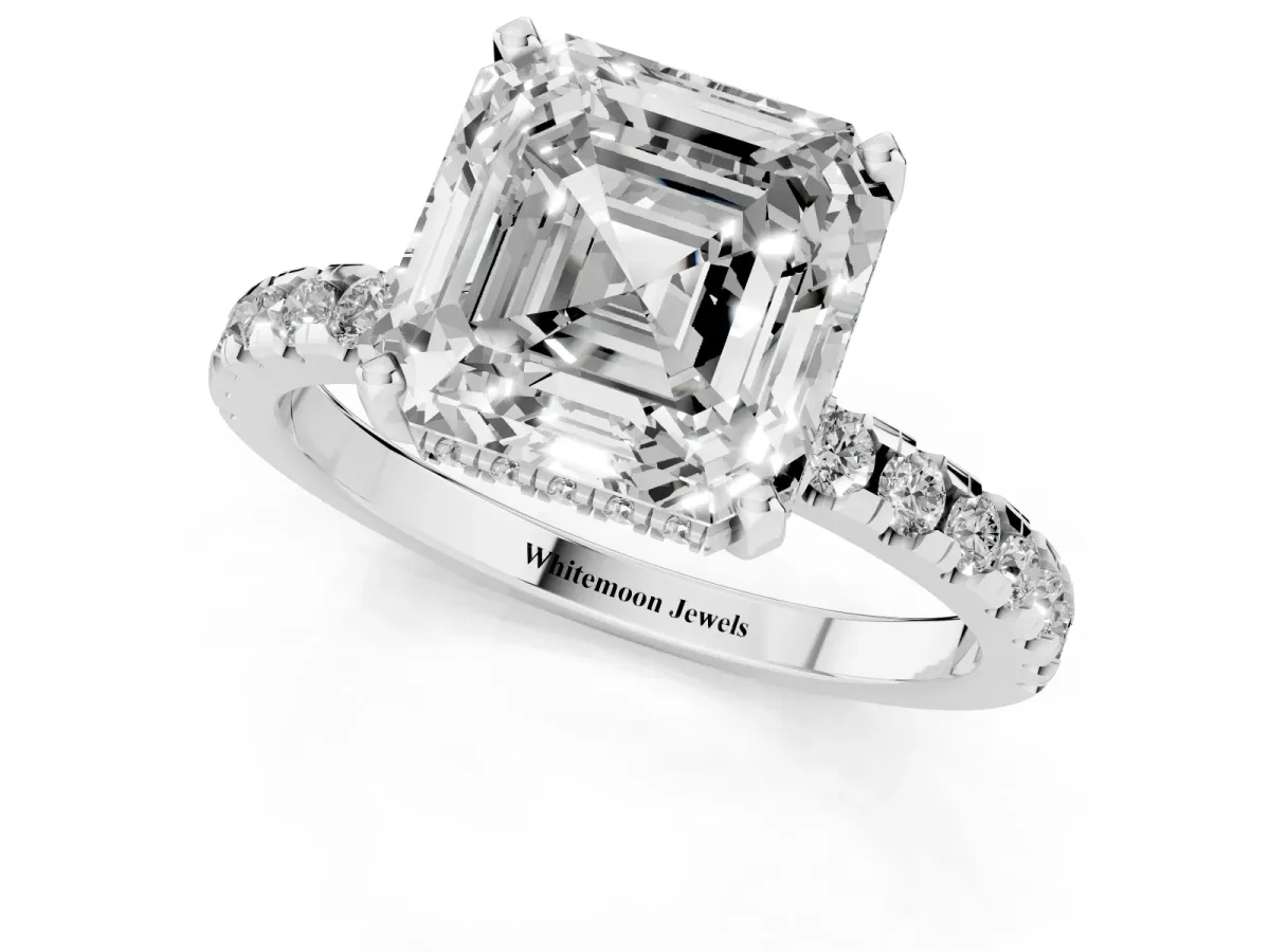 Asscher Cut Diamond Solitaire Ring with Round Pavé Band and Four-Prong Setting Silver