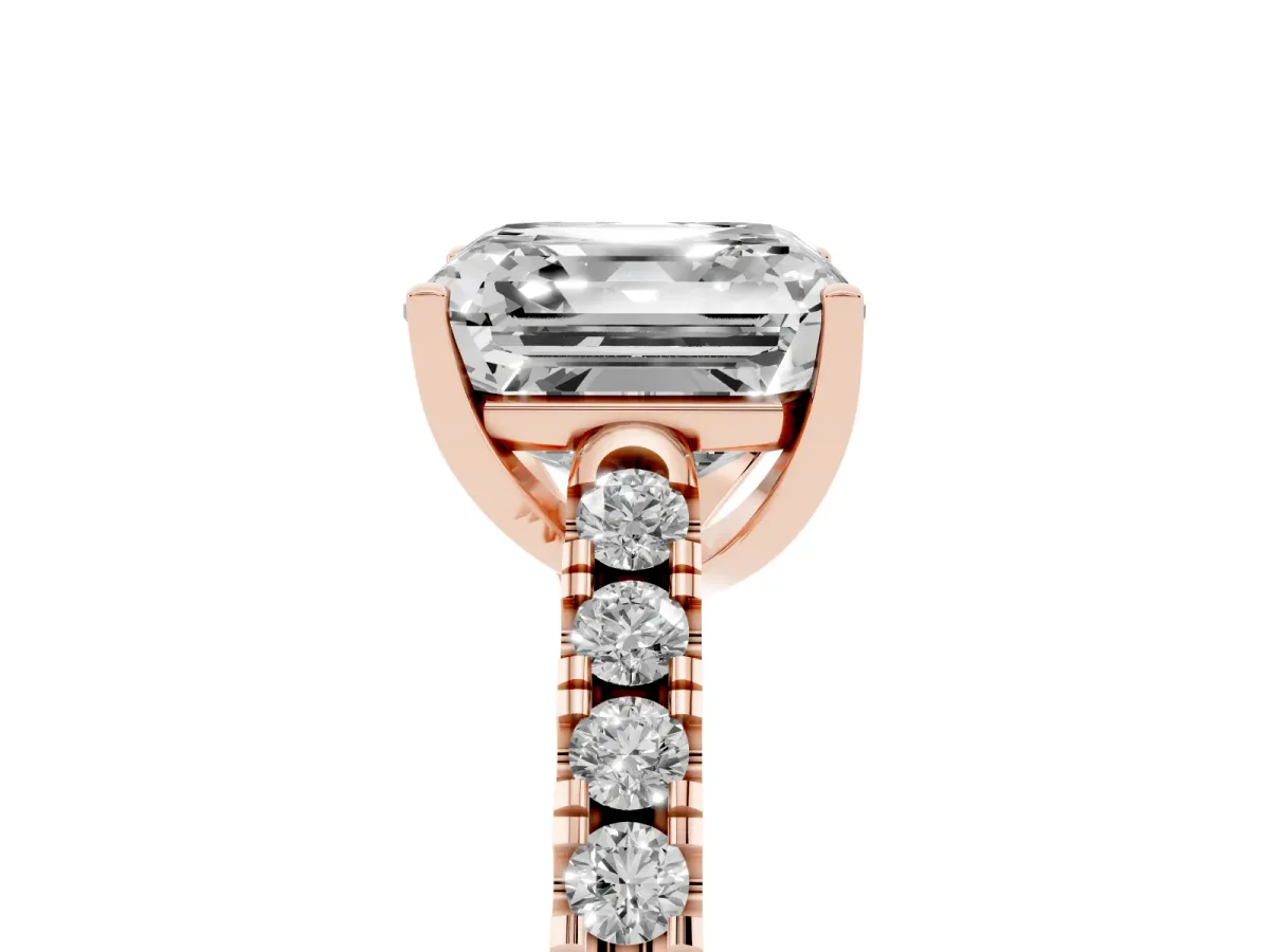 Asscher Cut Diamond Pavé Band Solitaire Ring with Prong Setting Rose gold