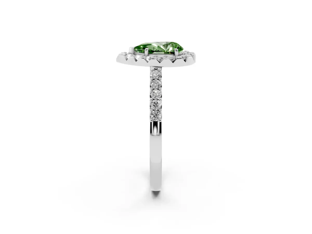 Fancy Green Pear Cut Halo Diamond Pavé Solitaire Ring White gold
