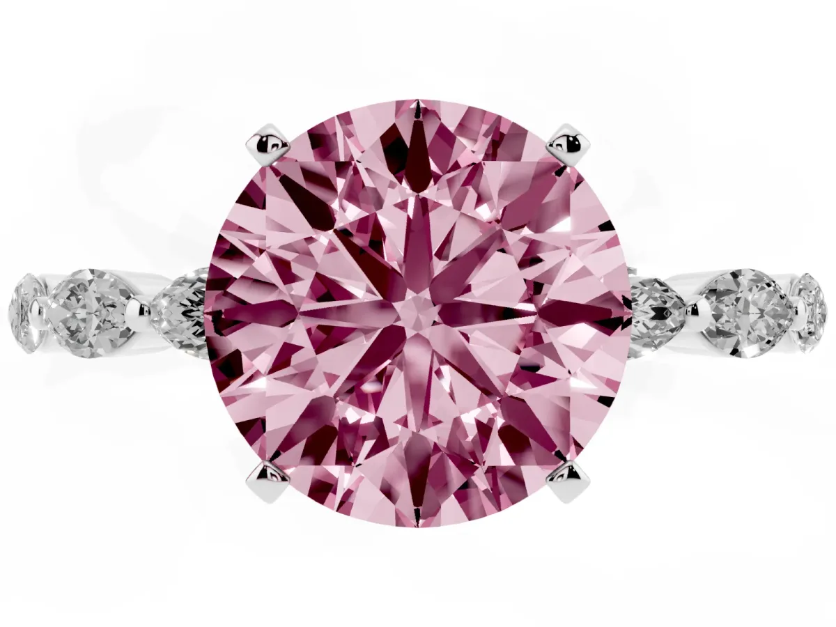 Fancy Pink Round Cut Diamond Ring with Marquise Side Stones and Prong Setting Silver