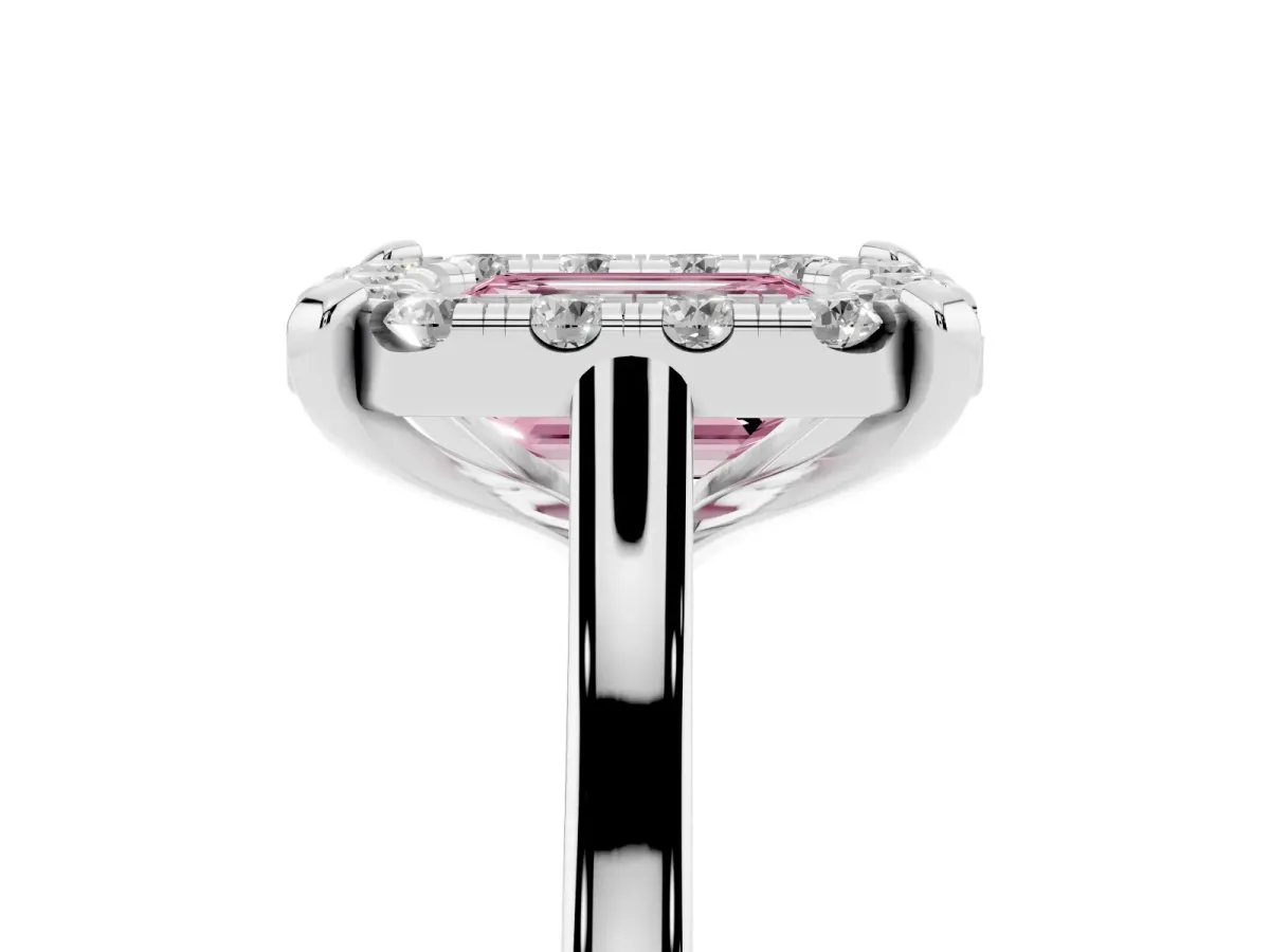Fancy Pink Emerald Cut Diamond Cluster Halo Solitaire with Four-Prong Setting Silver