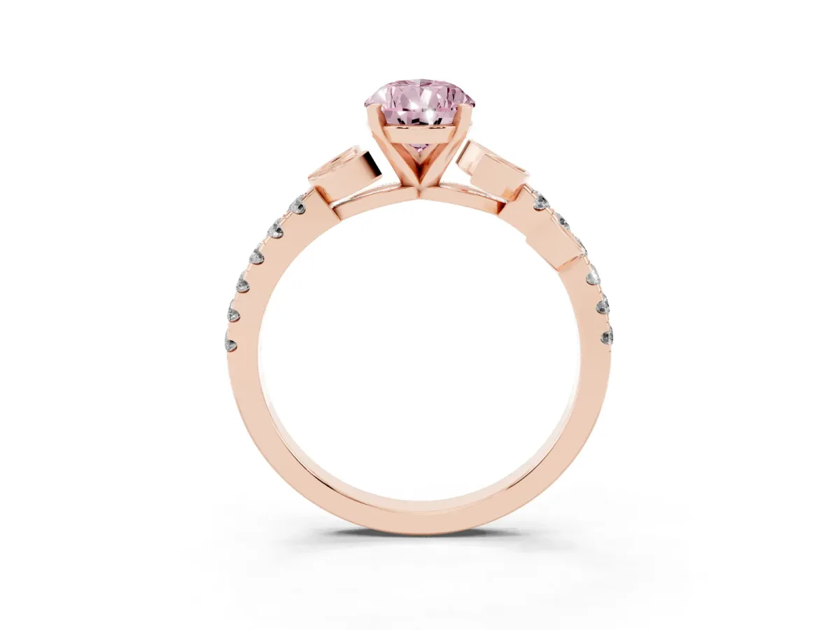 Fancy Pink Pear Cut Solitaire Leaf-Inspired Diamond Ring with Pavé Band and Four-Prong Setting Rose gold