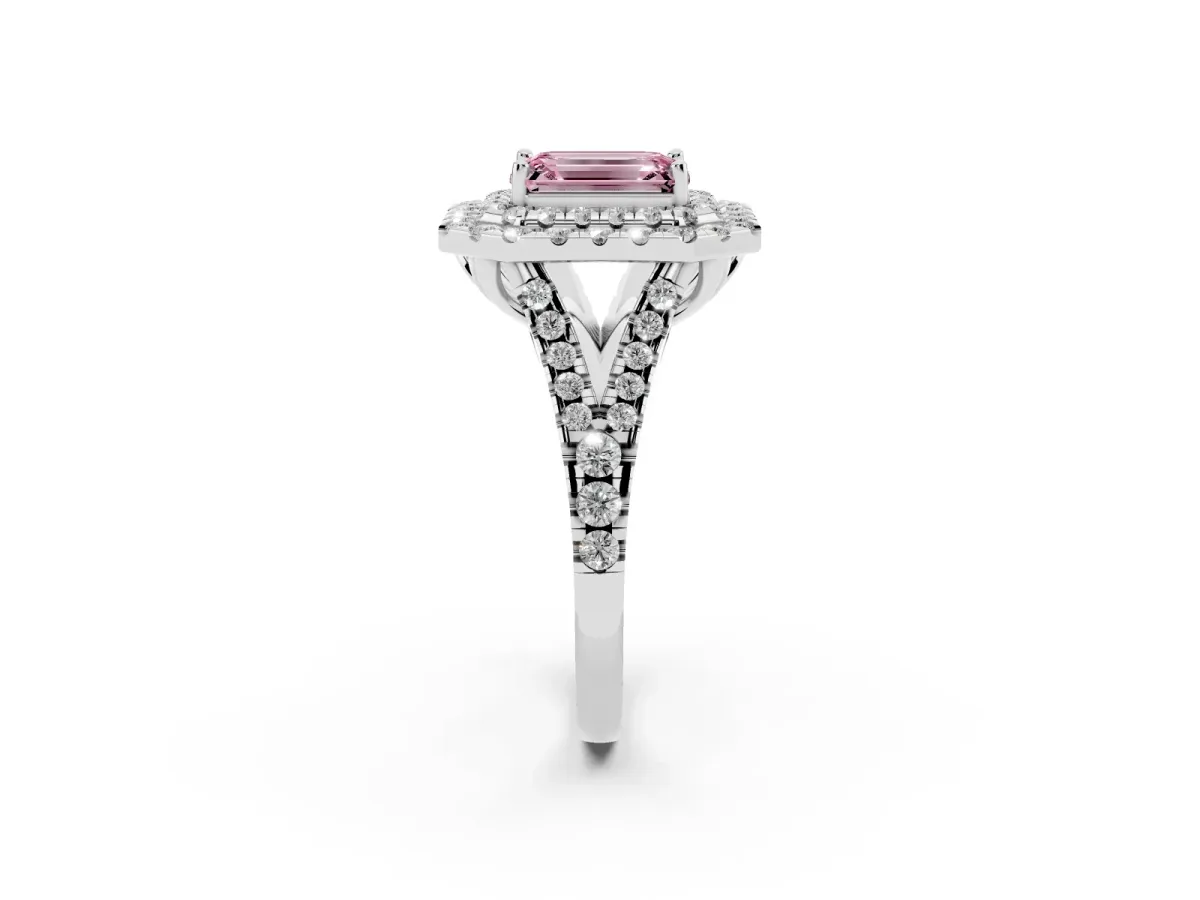 Fancy Pink Double Halo Emerald Cut Diamond Pavé Split Shank Ring with Prong Setting White gold