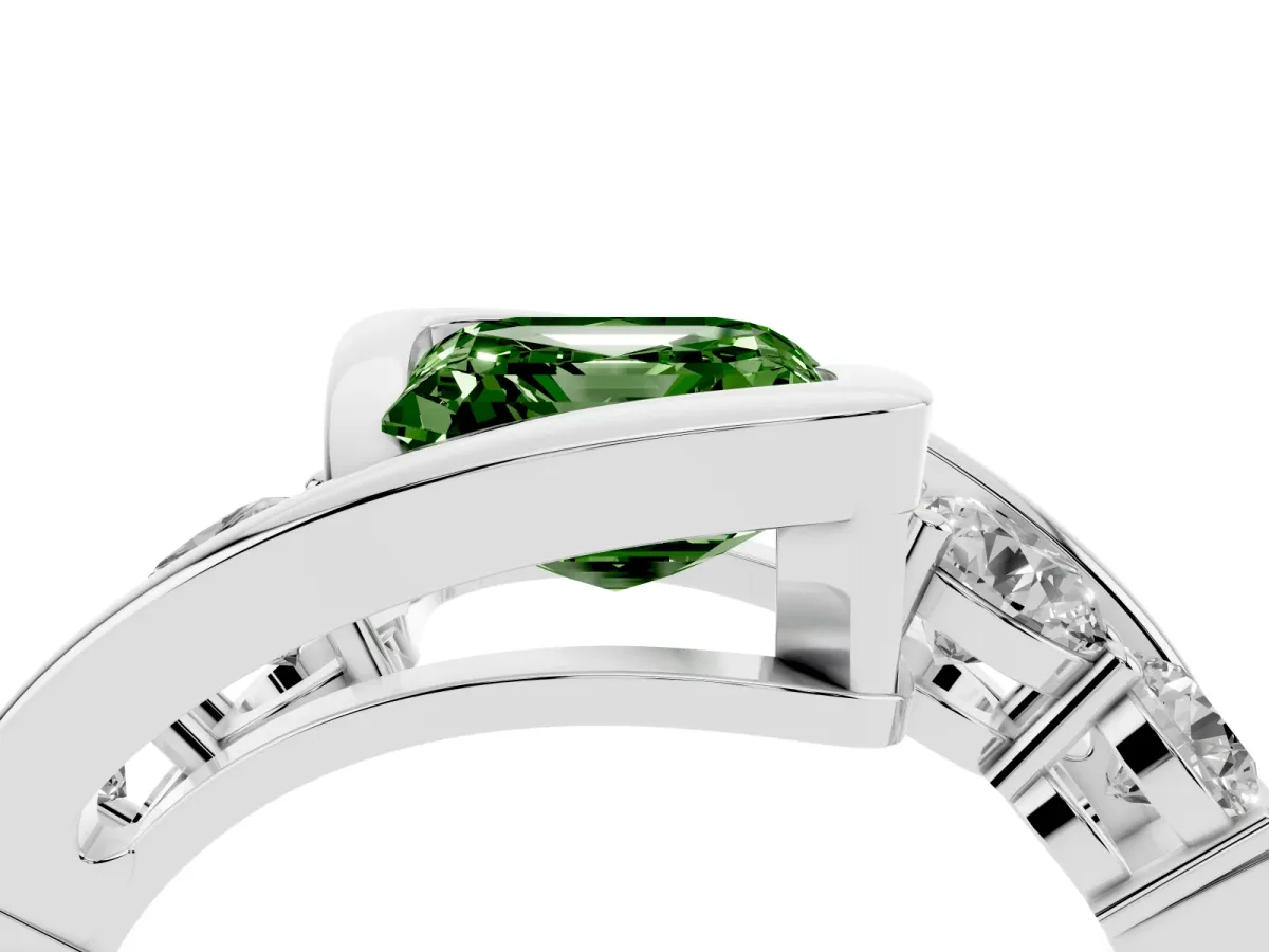 Fancy Green Bezel Set Asscher Cut Diamond Bypass Ring with Round Accents Silver