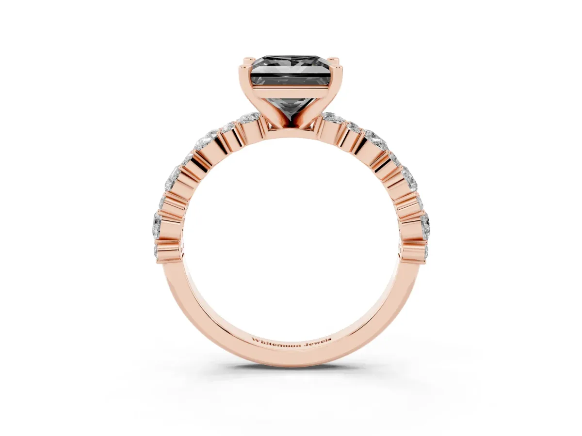 Fancy Black Princess Cut Diamond Side Stone Solitaire Ring with Round and Four-Prong Setting Rose gold
