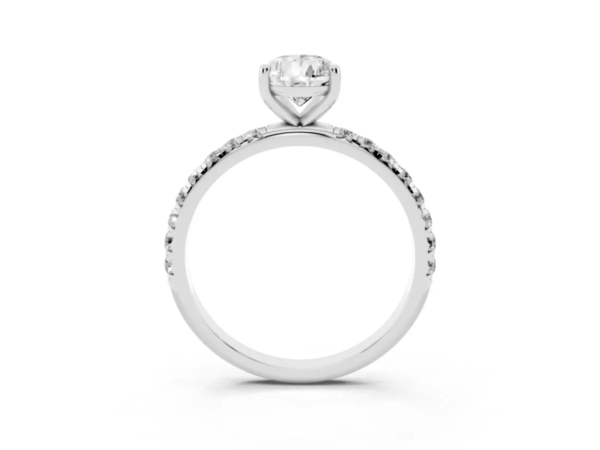 Pear Cut Cut Diamond Solitaire Ring with Micro Pave Band and Four Prong Setting Silver