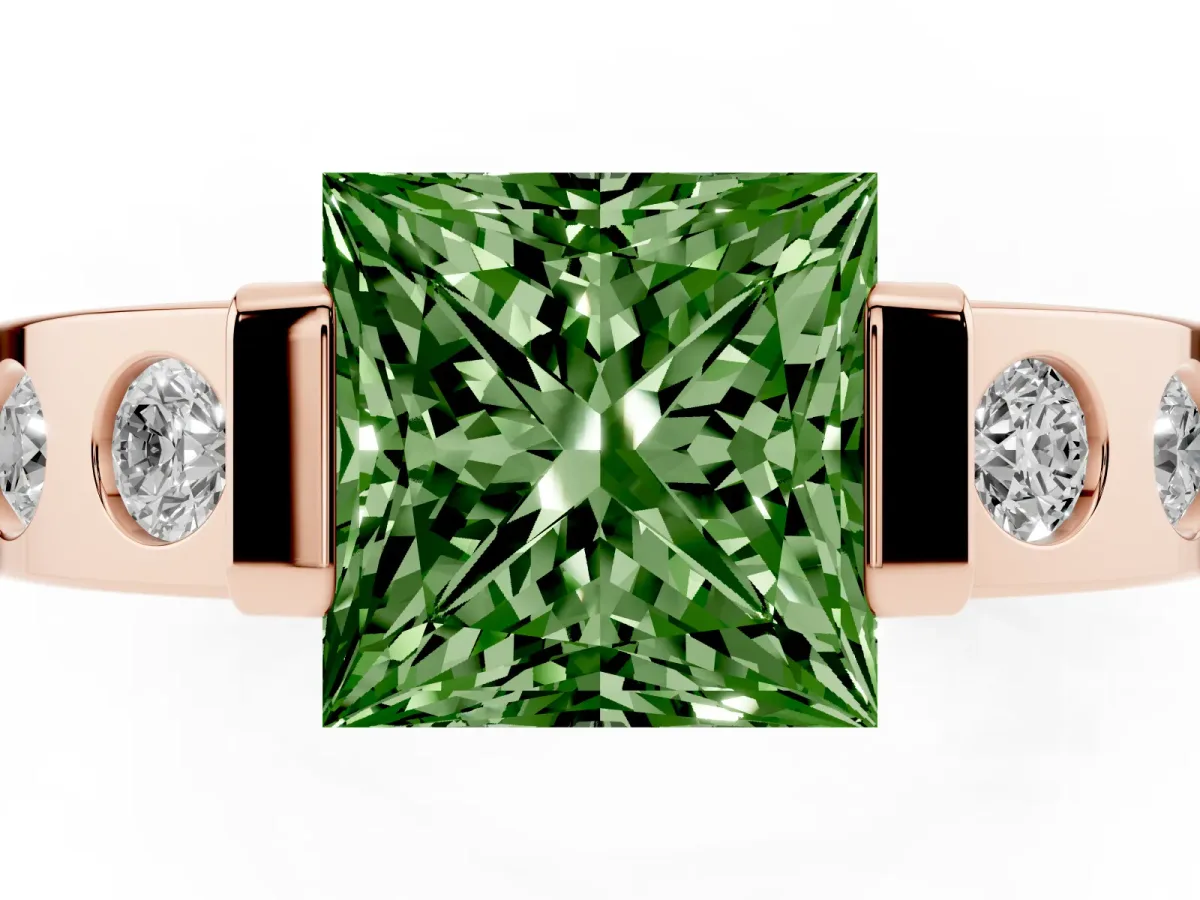 Fancy Green Princess Cut Brilliant Channel-Set Diamond Ring with Bezel Prong Setting Rose gold