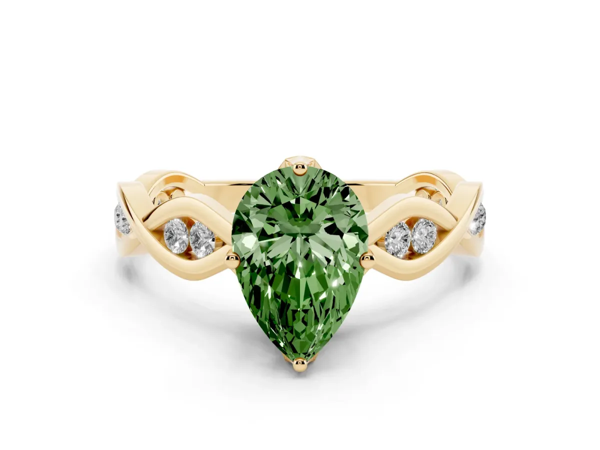 Fancy Green Pear Cut Solitaire Twist Band with Leaf Prong Setting Yellow gold