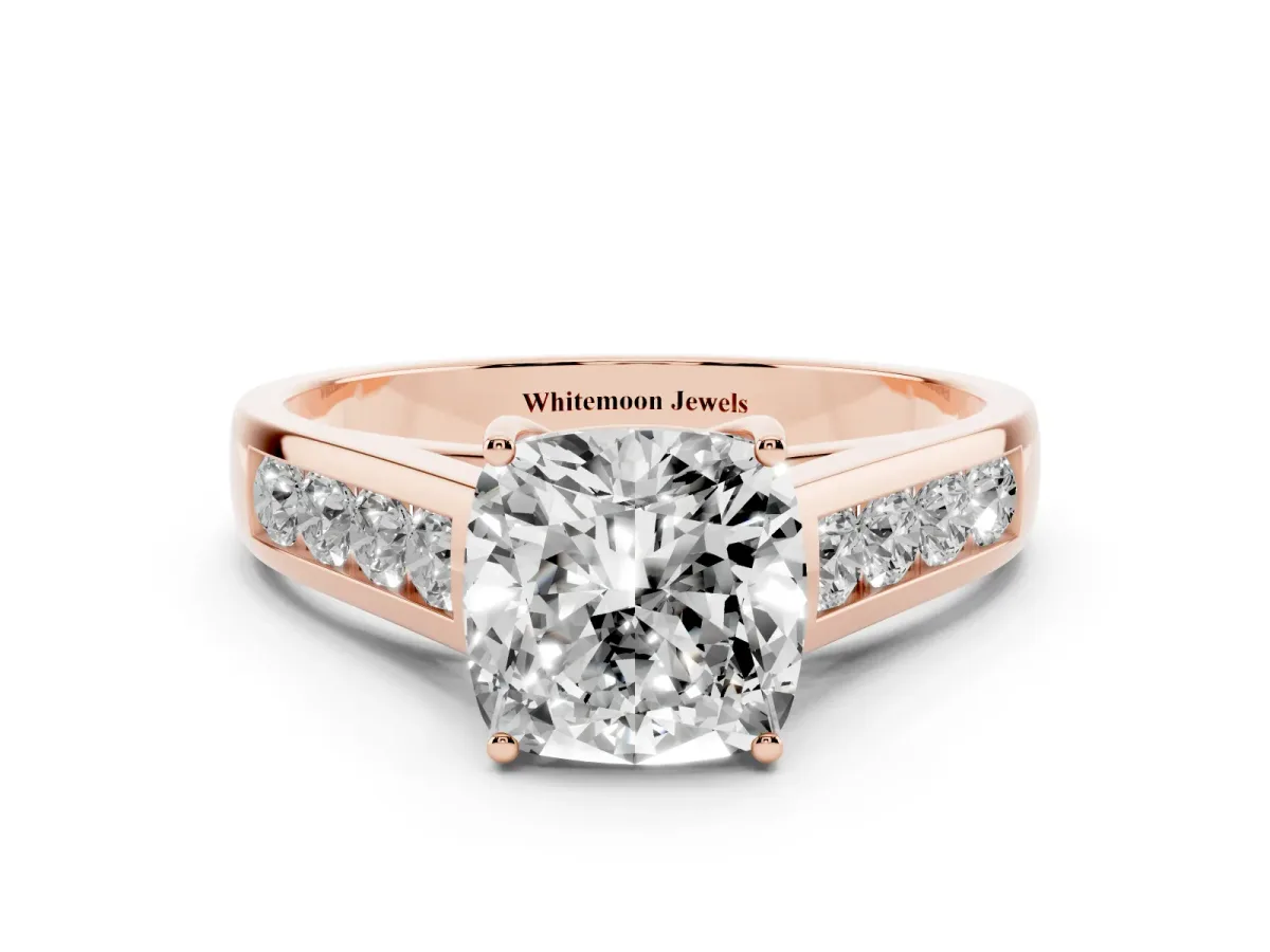 Cushion Cut Solitaire Channel-Set Diamond Engagement Ring with Four-Prong Setting Rose gold