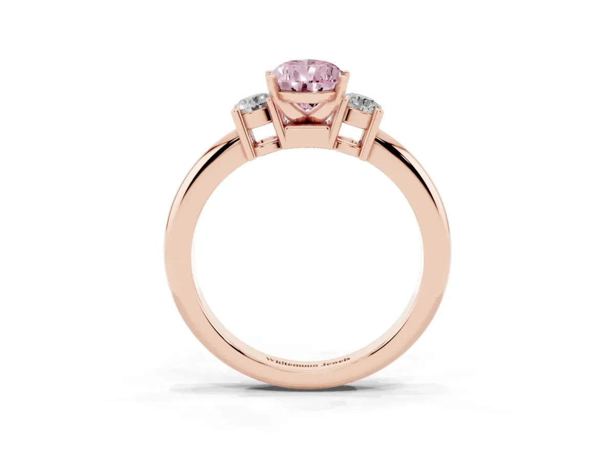 Fancy Pink Three-Stone Pear Cut Cut Diamond Solitaire with Prong Setting and Classic Band Rose gold