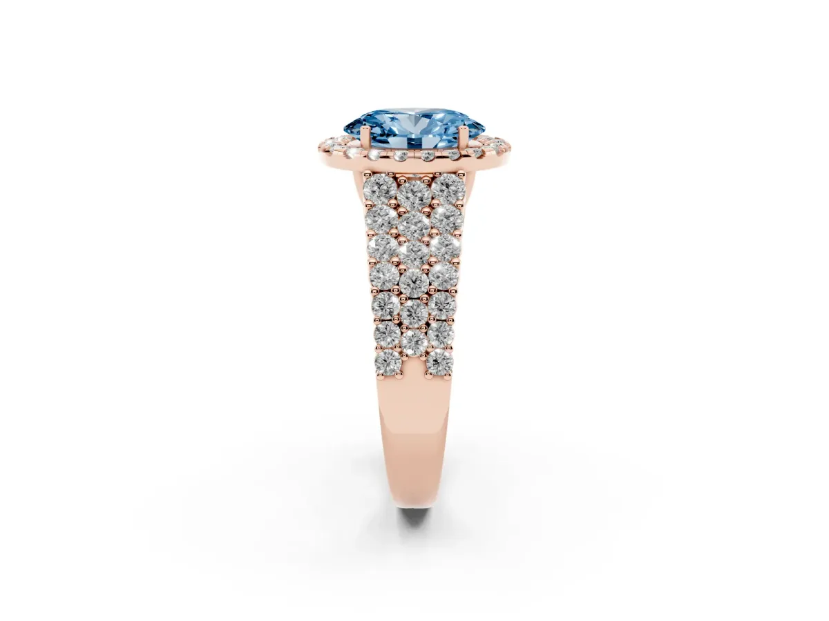 Fancy Blue Oval Cut Diamond Halo Engagement Ring with Triple Row Round Pavé Band and Prong Setting Rose gold