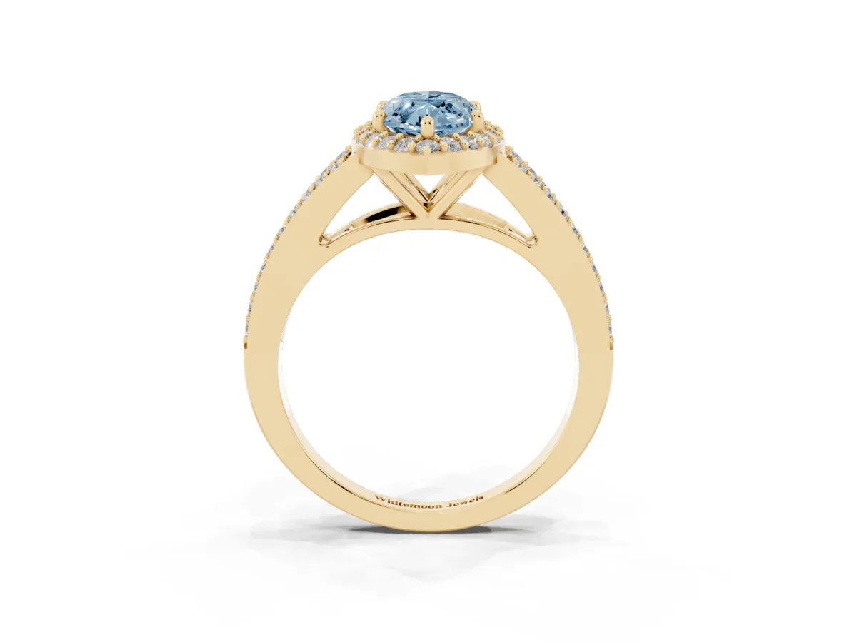 Fancy Blue Marquise Cut Halo Split Shank Diamond Ring with Prong Setting Yellow gold