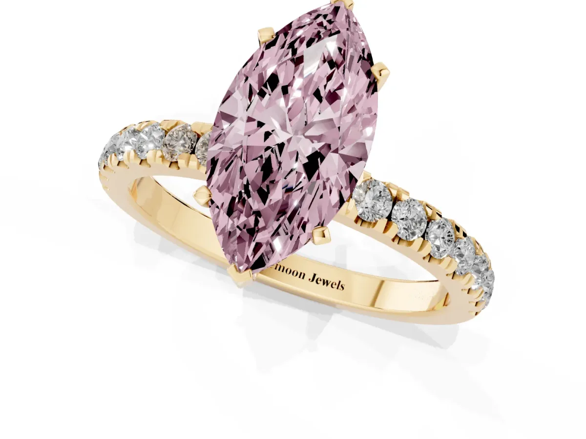 Fancy Pink Marquise Cut Diamond Solitaire Ring with Pavé Accents and Four-Prong Setting Yellow gold