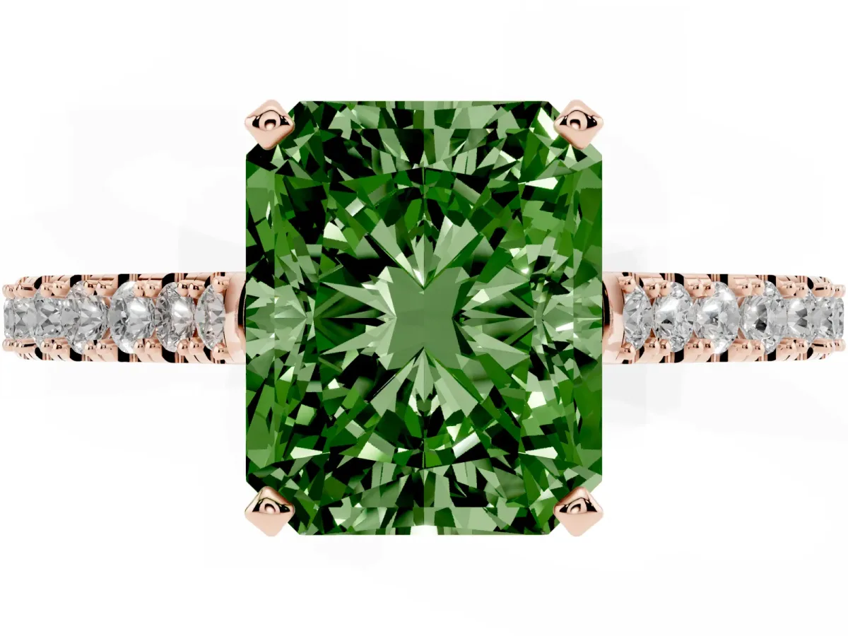 Fancy Green Radiant Cut Cut Solitaire Diamond Engagement Ring with Pave Band and Four-Prong Setting Rose gold