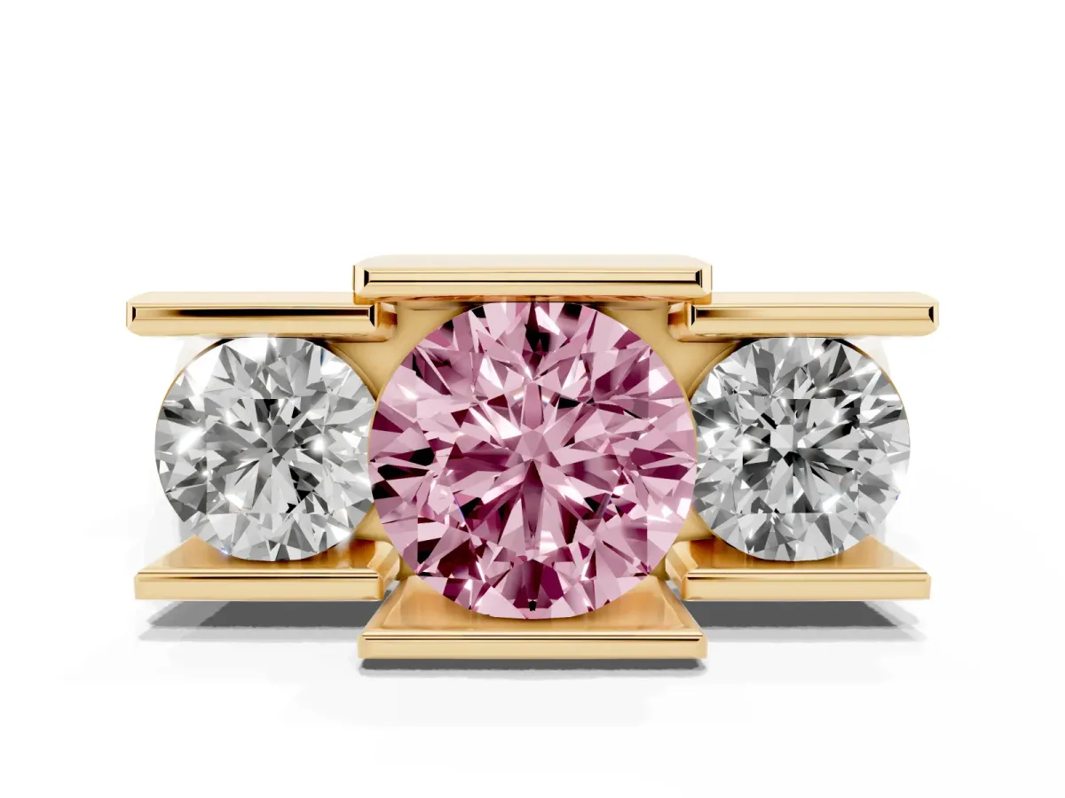 Fancy Pink Three Stone Round Cut Cut Channel Set Diamond Ring Yellow gold