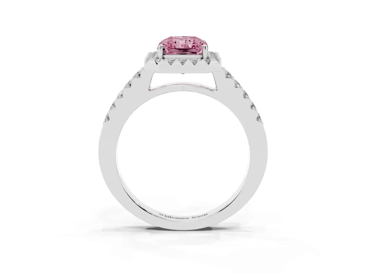 Fancy Pink Radiant Cut Halo Diamond Pavé Solitaire Ring Platinum