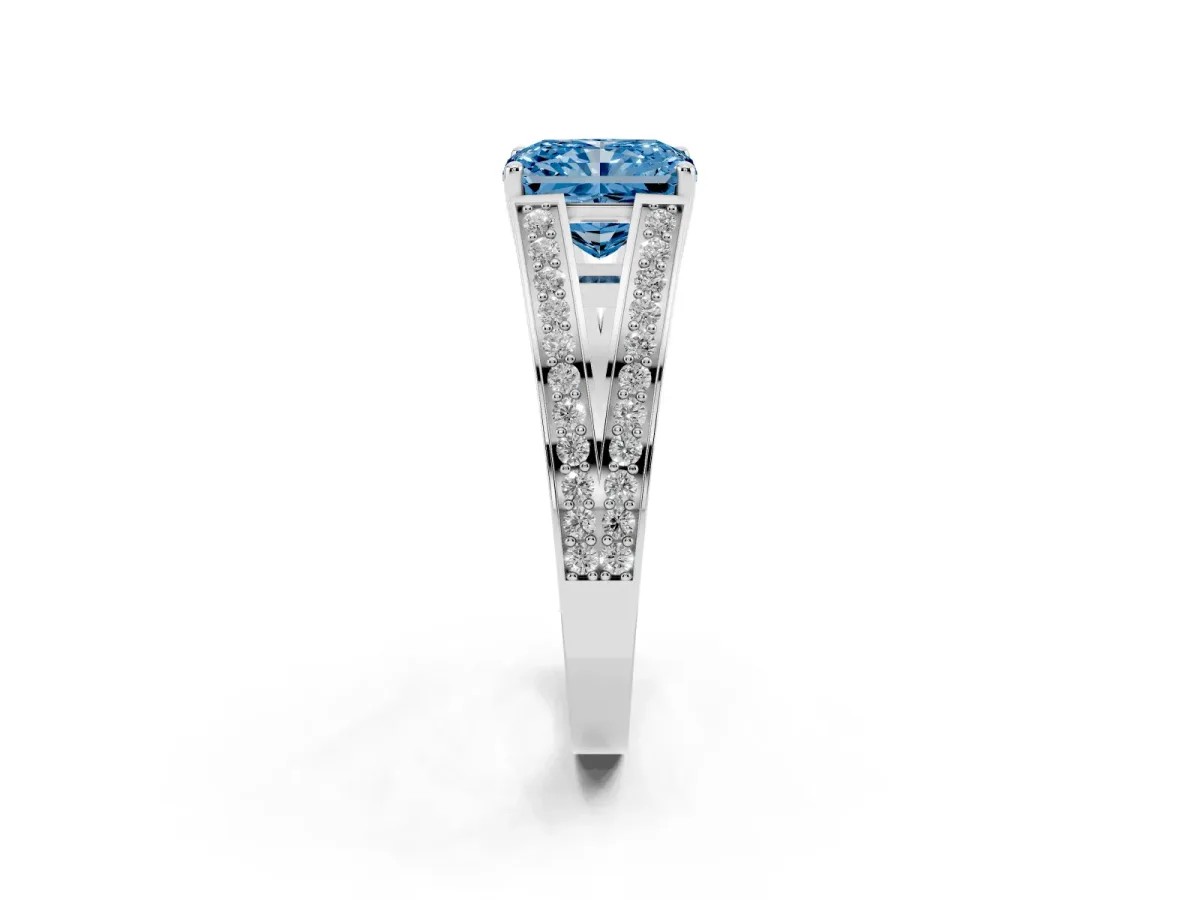 Fancy Blue Radiant Cut Diamond Split Shank Ring with Pavé Band and Four-Prong Setting White gold