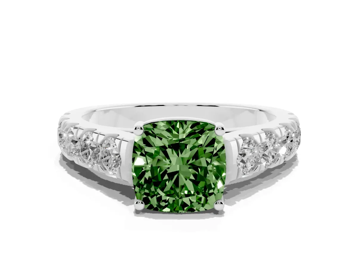 Fancy Green Cushion Cut Cut Diamond Solitaire Ring with Micro Pave Band and Prong Setting Silver
