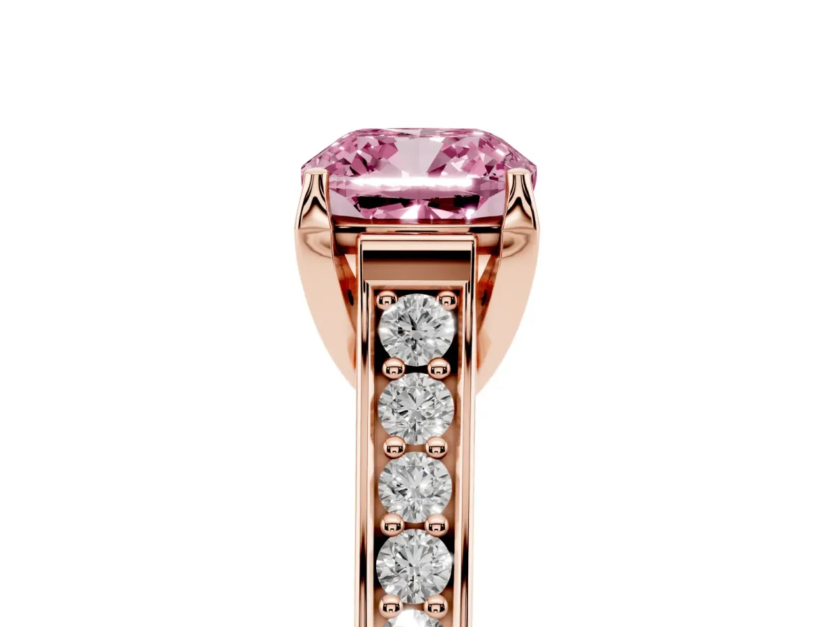 Fancy Pink Cushion Cut Brilliant Cut Diamond Engagement Ring with Pavé Band and Four-Prong Setting Rose gold
