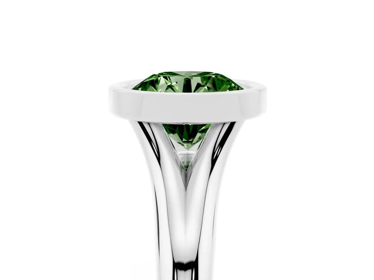 Fancy Green Bezel Set Round Cut Solitaire Diamond Ring with Smooth Band Silver