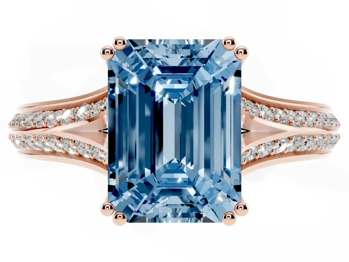 Fancy Blue Emerald Cut Diamond Split Shank Engagement Ring with Pavé Band Rose gold