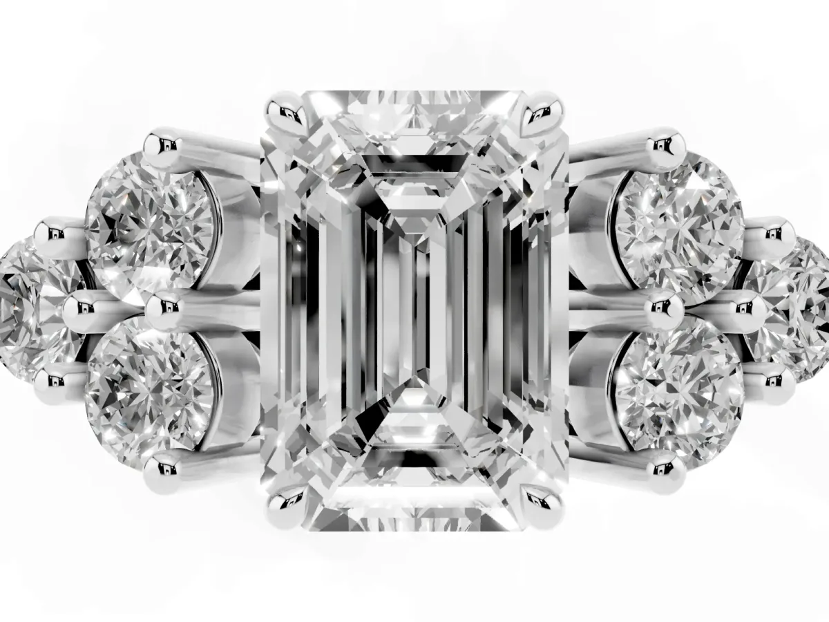 Emerald Cut Brilliant Diamond Cluster Accent Solitaire Ring with Prong Setting Silver