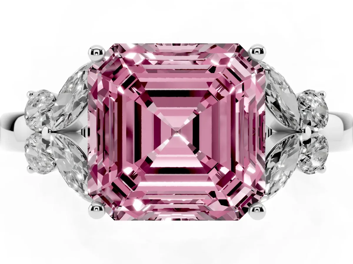 Fancy Pink Asscher Cut Cut Solitaire Floral Diamond Ring with Four-Prong Setting Silver