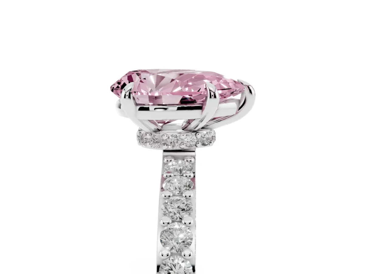 Fancy Pink Pear Cut Diamond Pavé Engagement Ring with Round Accents and Prong Setting Platinum