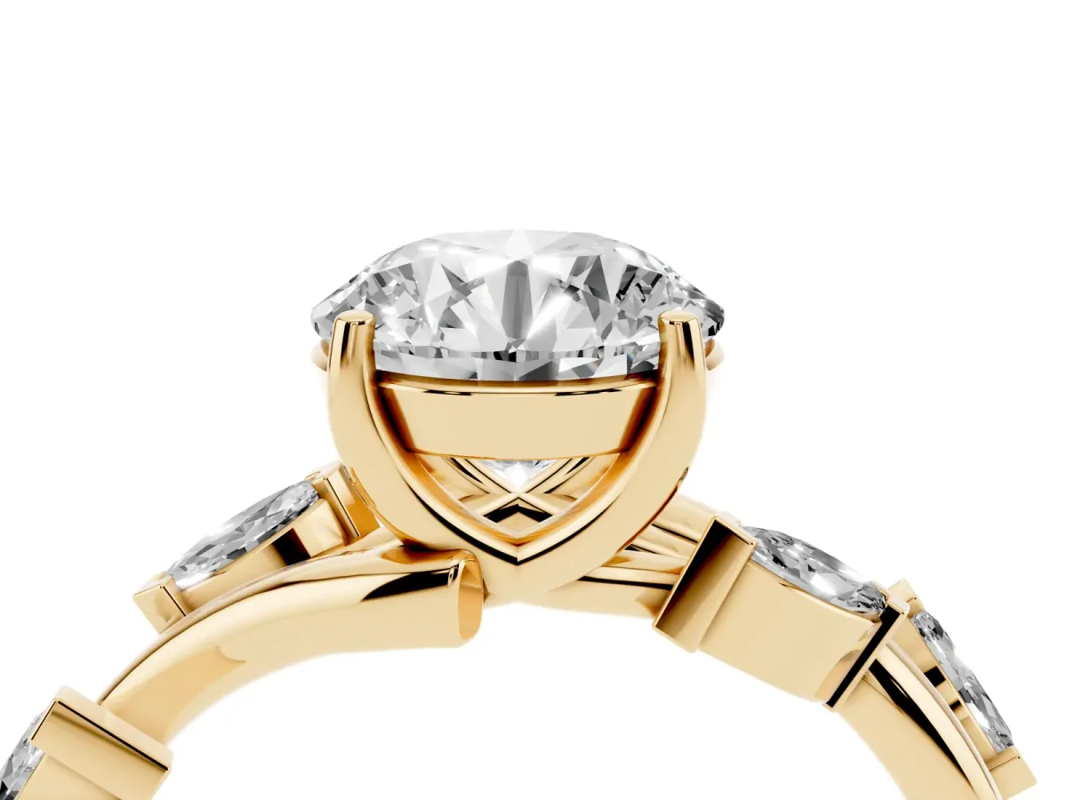 Round Cut Solitaire Twisted Band Marquise Accent Prong Setting Ring Yellow gold