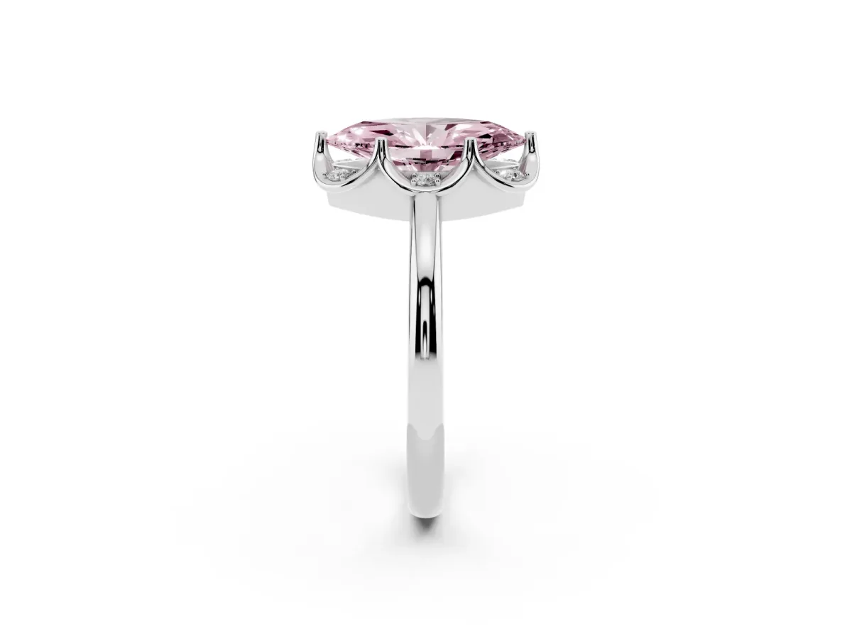 Fancy Pink Marquise Cut Halo Diamond Ring with Round Cluster Setting, Solitaire Band, and Four-Prong Setting Platinum