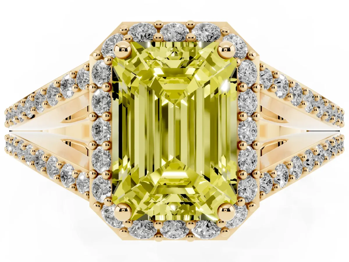 Fancy Yellow Emerald Cut Halo Split Shank Pave Diamond Ring with Four-Prong Setting Yellow gold