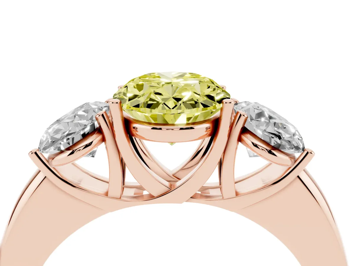Fancy Yellow Oval Cut Diamond Three-Stone Ring with Four-Prong Setting and Classic Band Rose gold