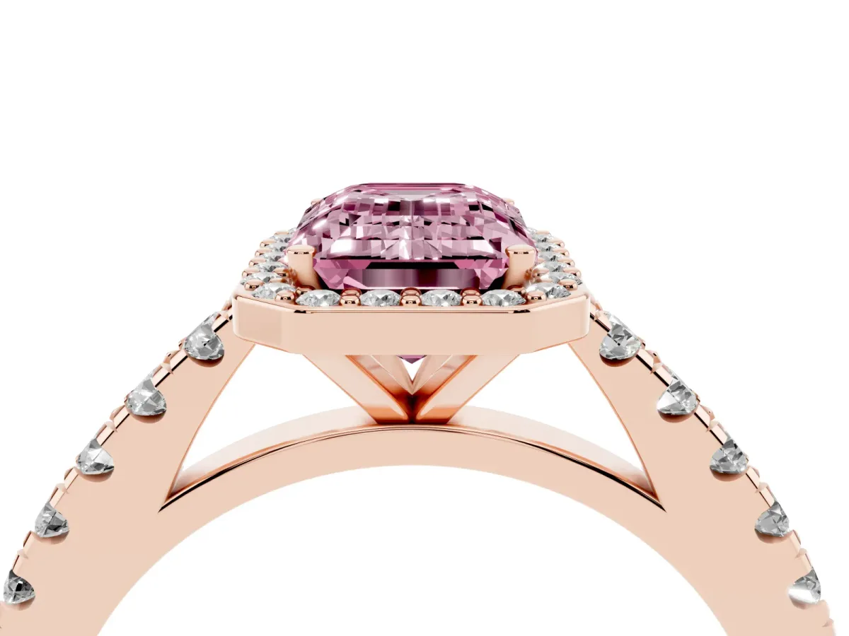 Fancy Pink Emerald Cut Cut Halo Diamond Engagement Ring with Pave Band and Four-Prong Setting Rose gold