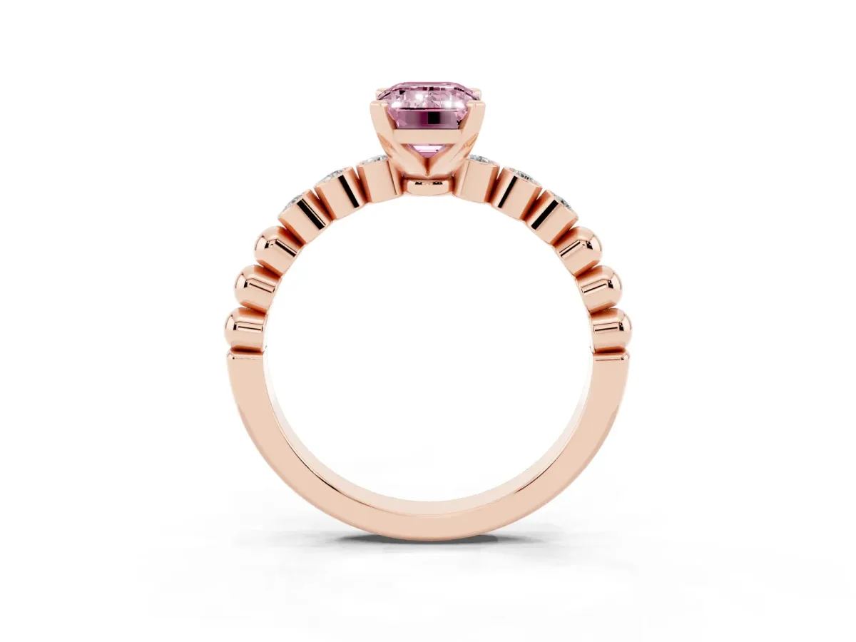 Fancy Pink Emerald Cut Solitaire Bezel Accent Diamond Engagement Ring with Beaded Band and Four-Prong Setting Rose gold