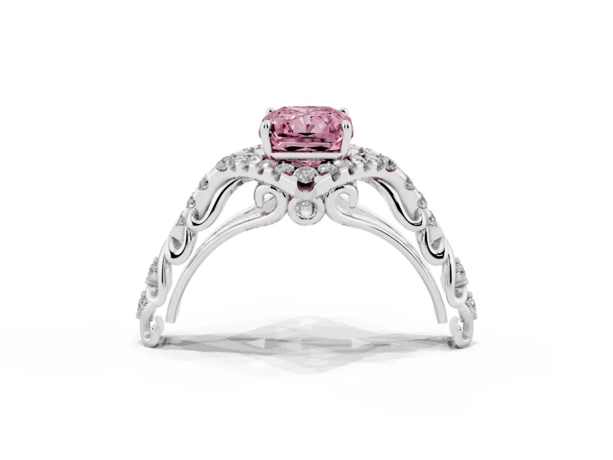 Fancy Pink Radiant Cut Diamond Solitaire Ring with Hidden Halo and Pavé Band Silver