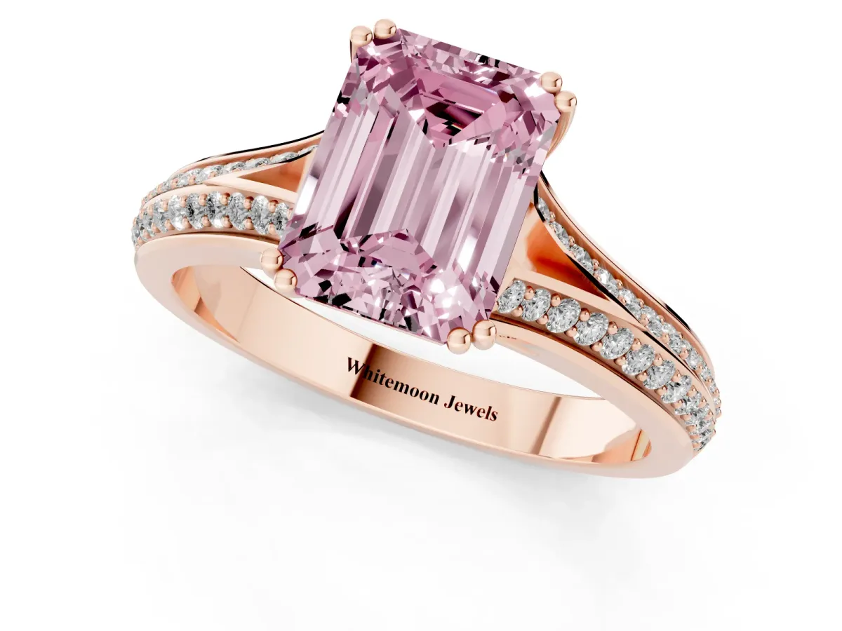 Fancy Pink Emerald Cut Diamond Split Shank Engagement Ring with Pavé Band Rose gold