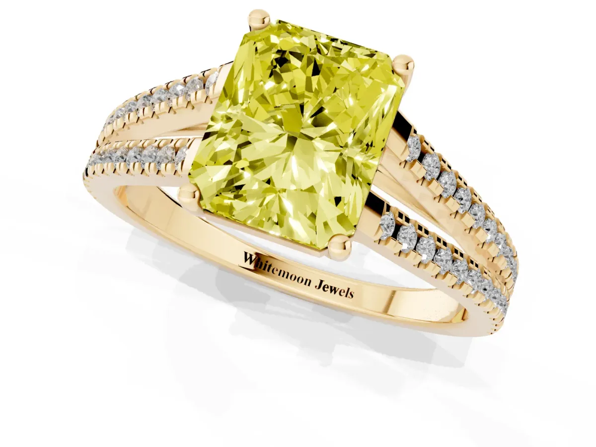 Fancy Yellow Radiant Cut Diamond Solitaire Engagement Ring with Split Shank Pavé Band Yellow gold