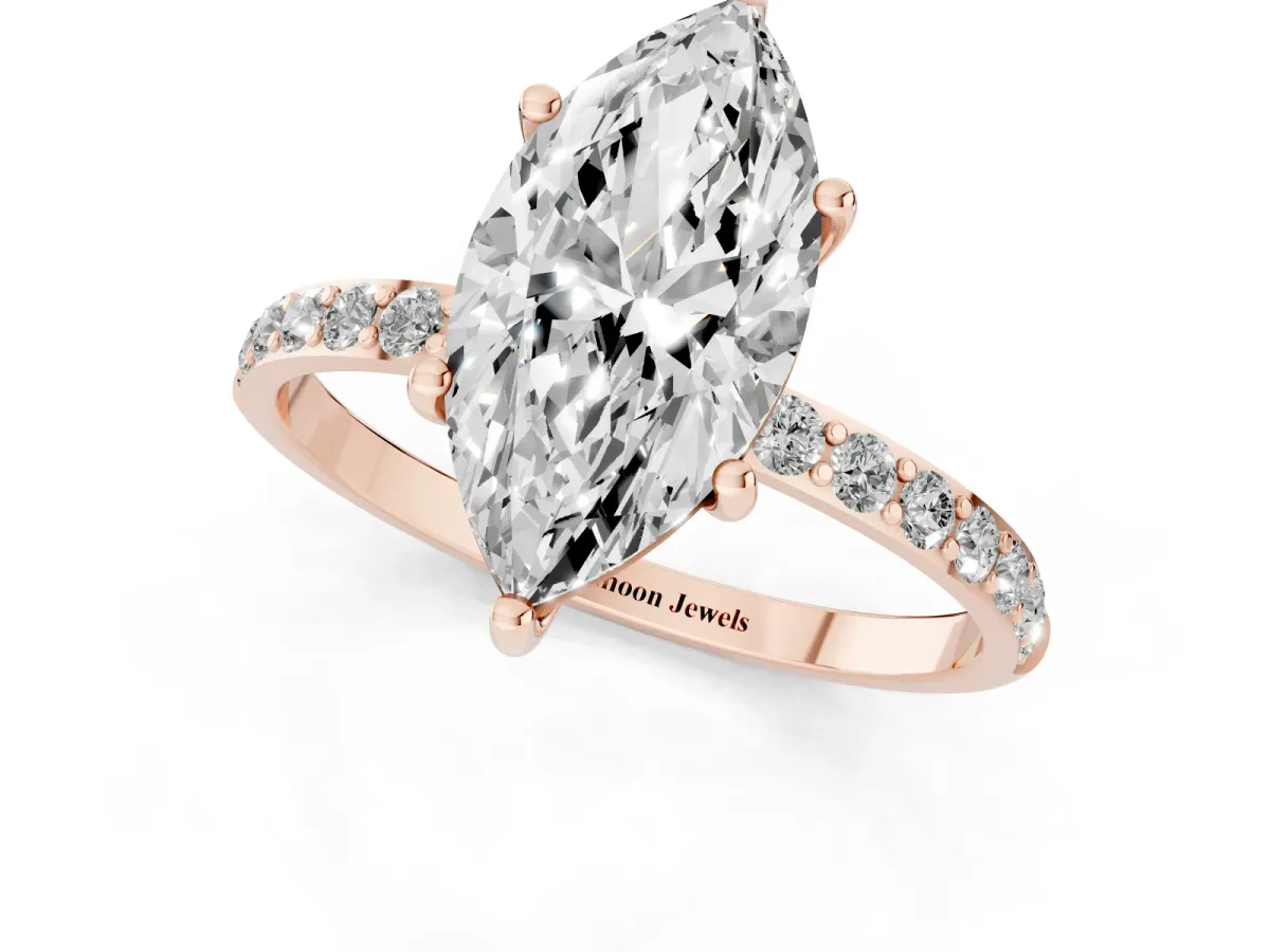 Marquise Cut Diamond Solitaire Ring with Round Pavé Shoulders and Prong Setting Rose gold