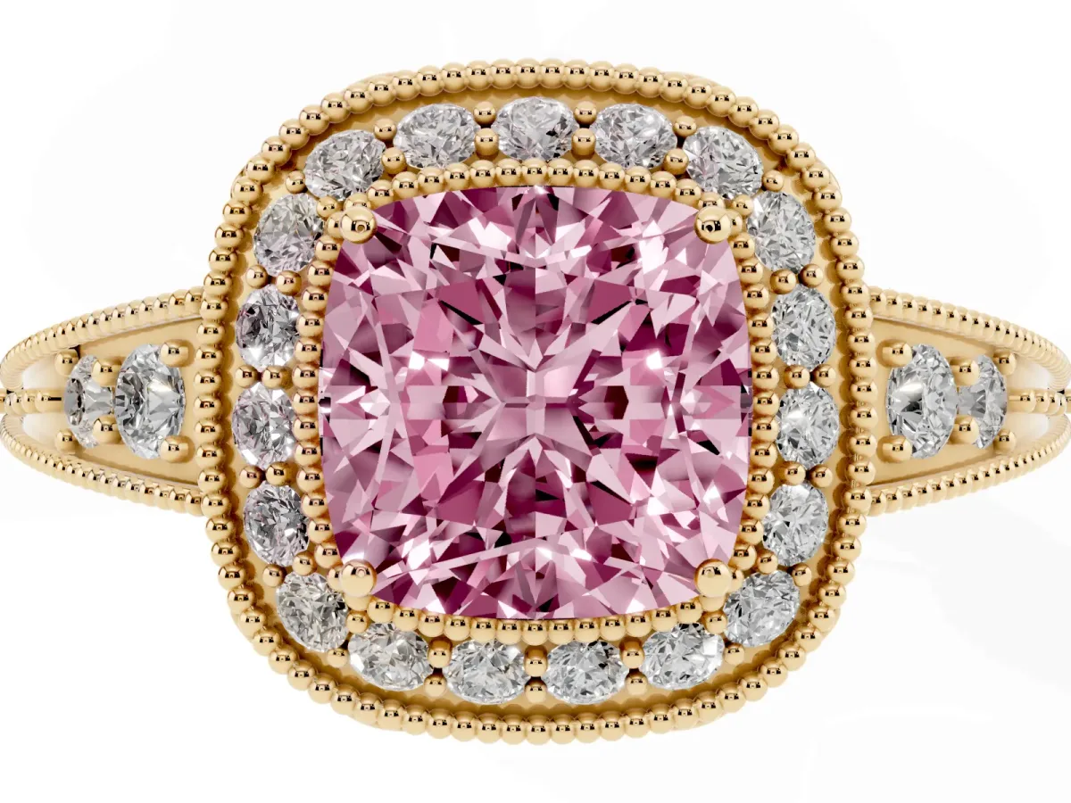 Fancy Pink Cushion Cut Halo Diamond Split Shank Ring with Milgrain Detail Yellow gold