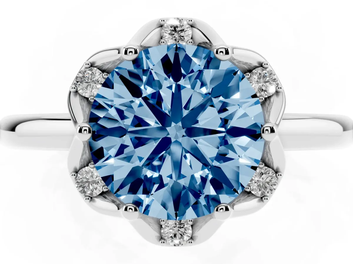 Fancy Blue Round Cut Halo Diamond Ring with Round Cluster Setting, Solitaire Band, and Four-Prong Setting Silver