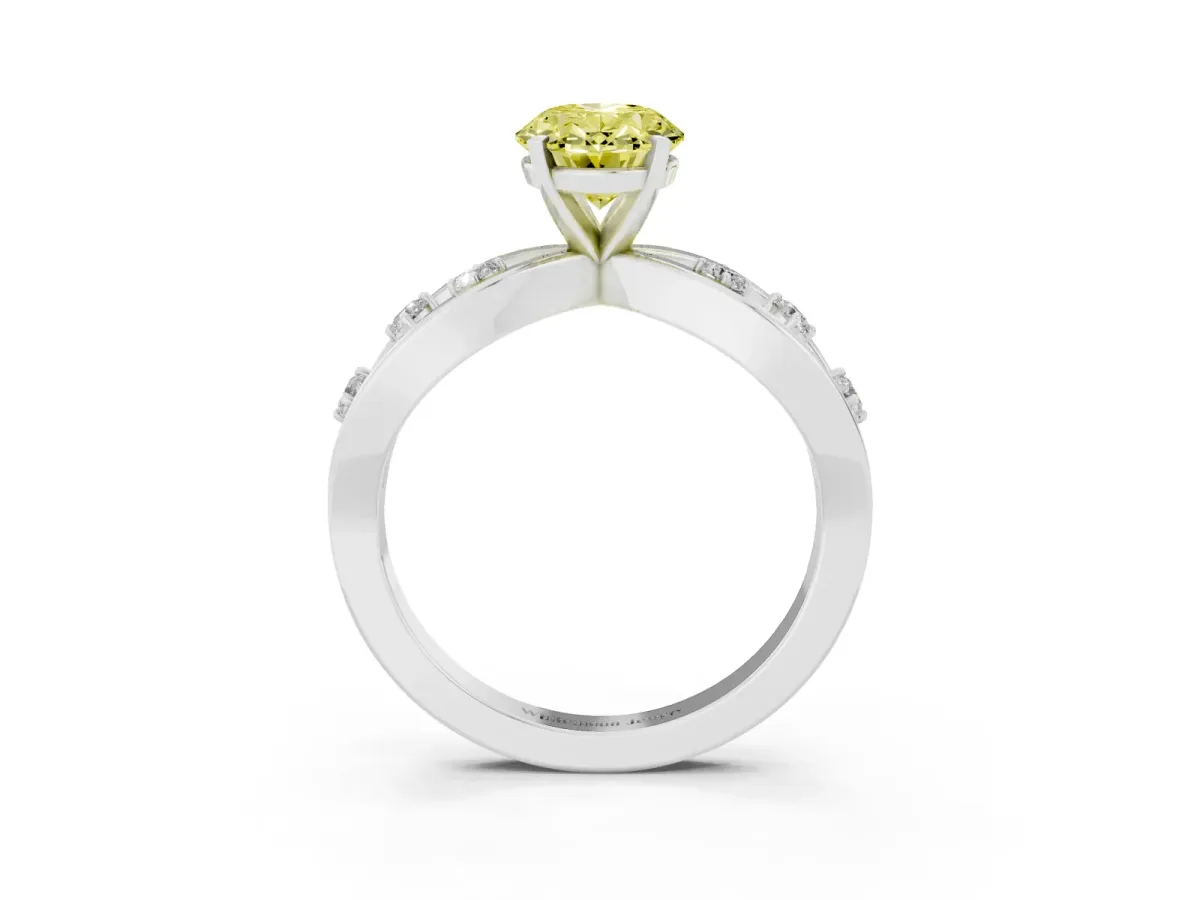 Fancy Yellow Oval Cut Cut Solitaire Diamond with Side Stones on Criss-Cross Band and Four-Prong Setting Silver