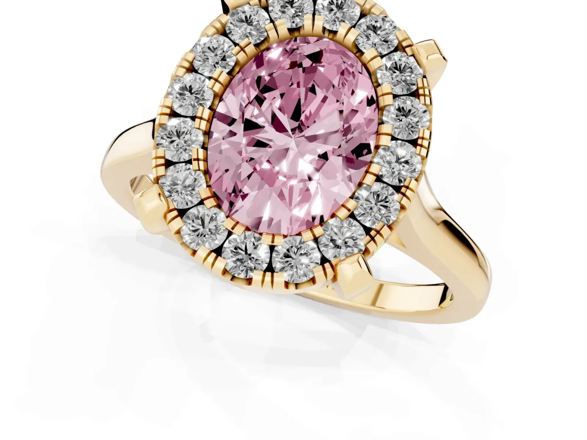 Fancy Pink Oval Cut Diamond Cluster Halo Solitaire with Four-Prong Setting Yellow gold
