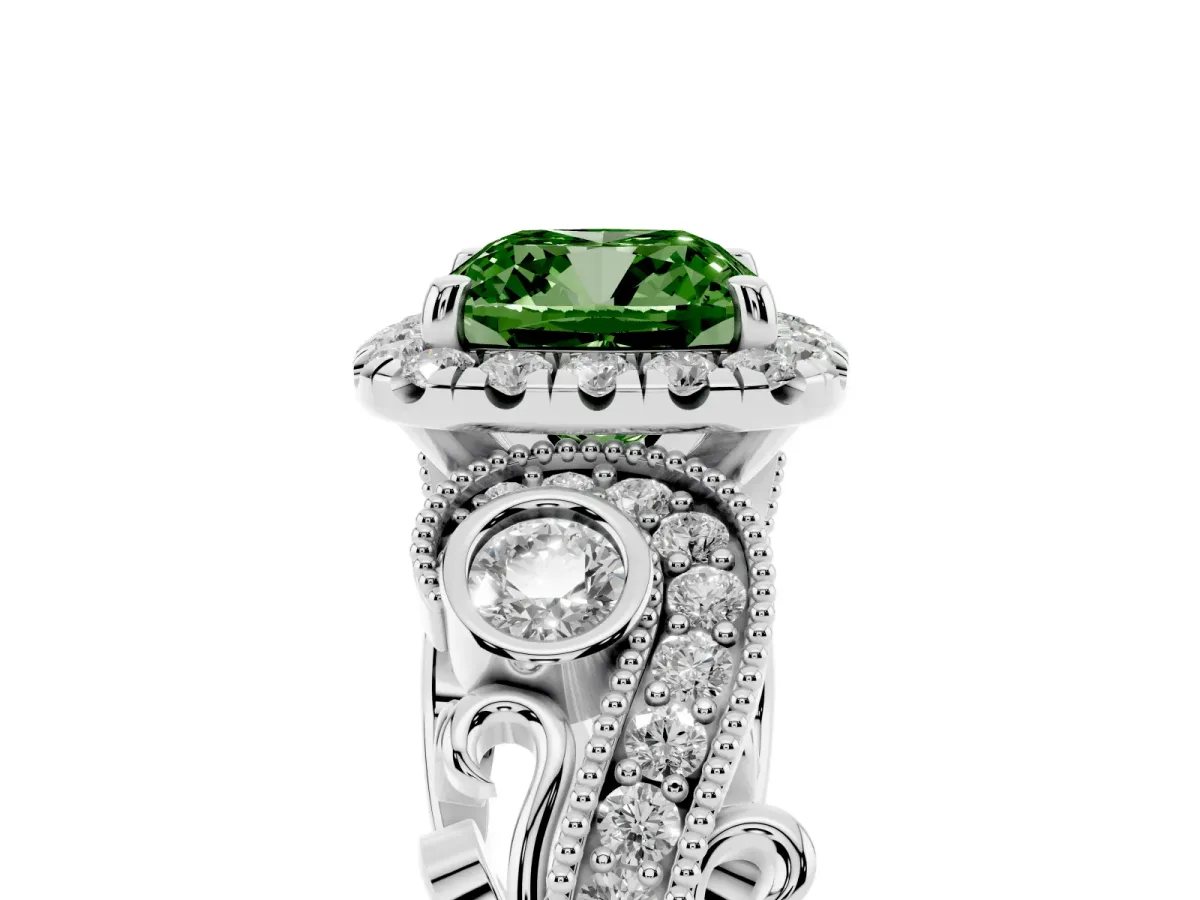 Fancy Green Cushion Cut Diamond Halo Ring with Milgrain Pavé Band and Four-Prong Setting Platinum
