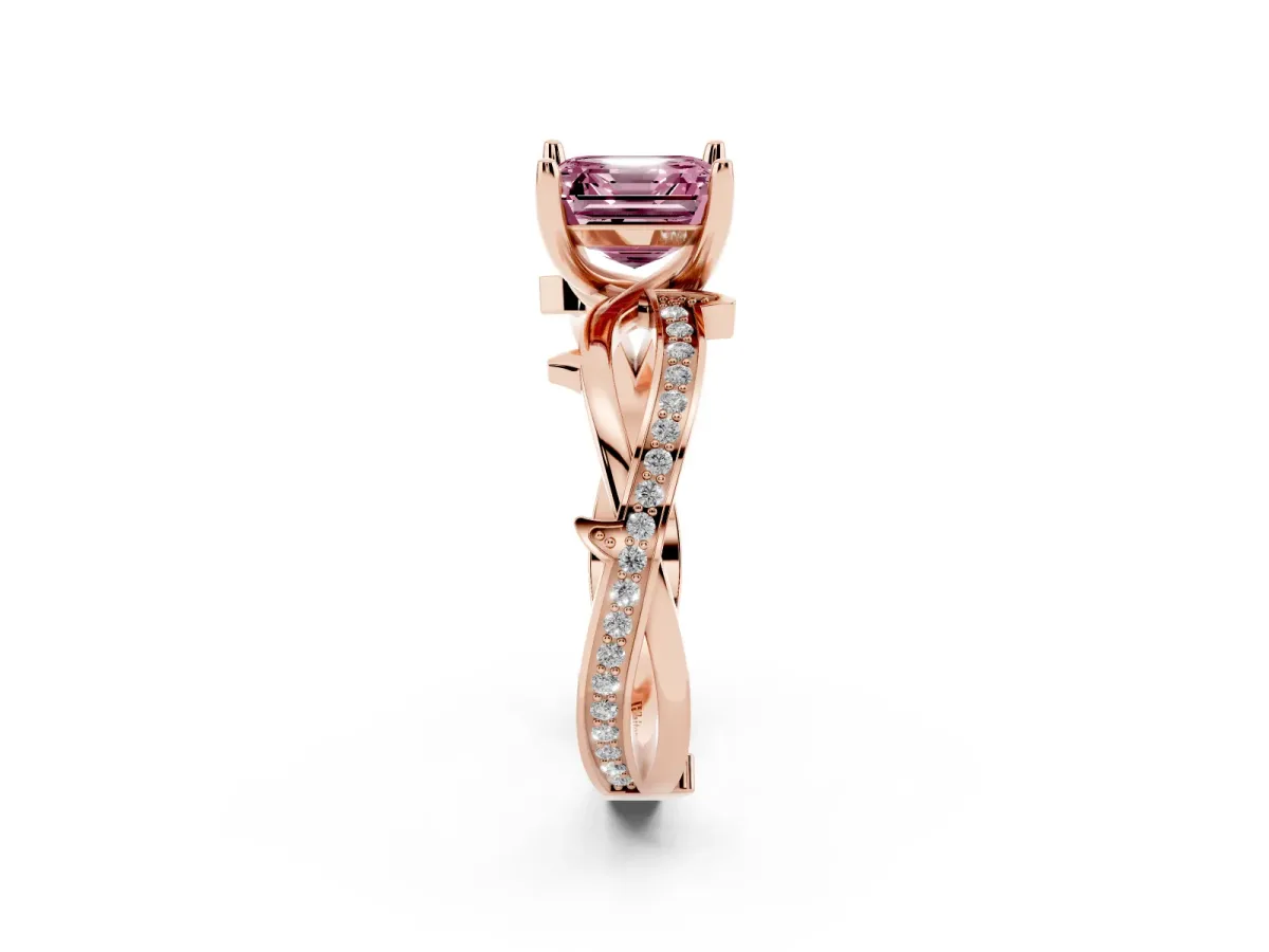 Fancy Pink Asscher Cut Solitaire Twist Band with Pavé Accents and Four-Prong Setting Rose gold