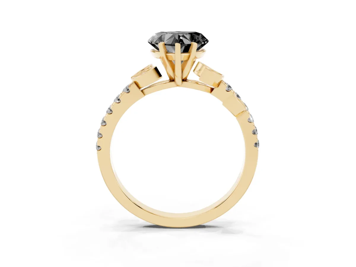 Fancy Black Heart Cut Solitaire Leaf-Inspired Diamond Ring with Pavé Band and Four-Prong Setting Yellow gold