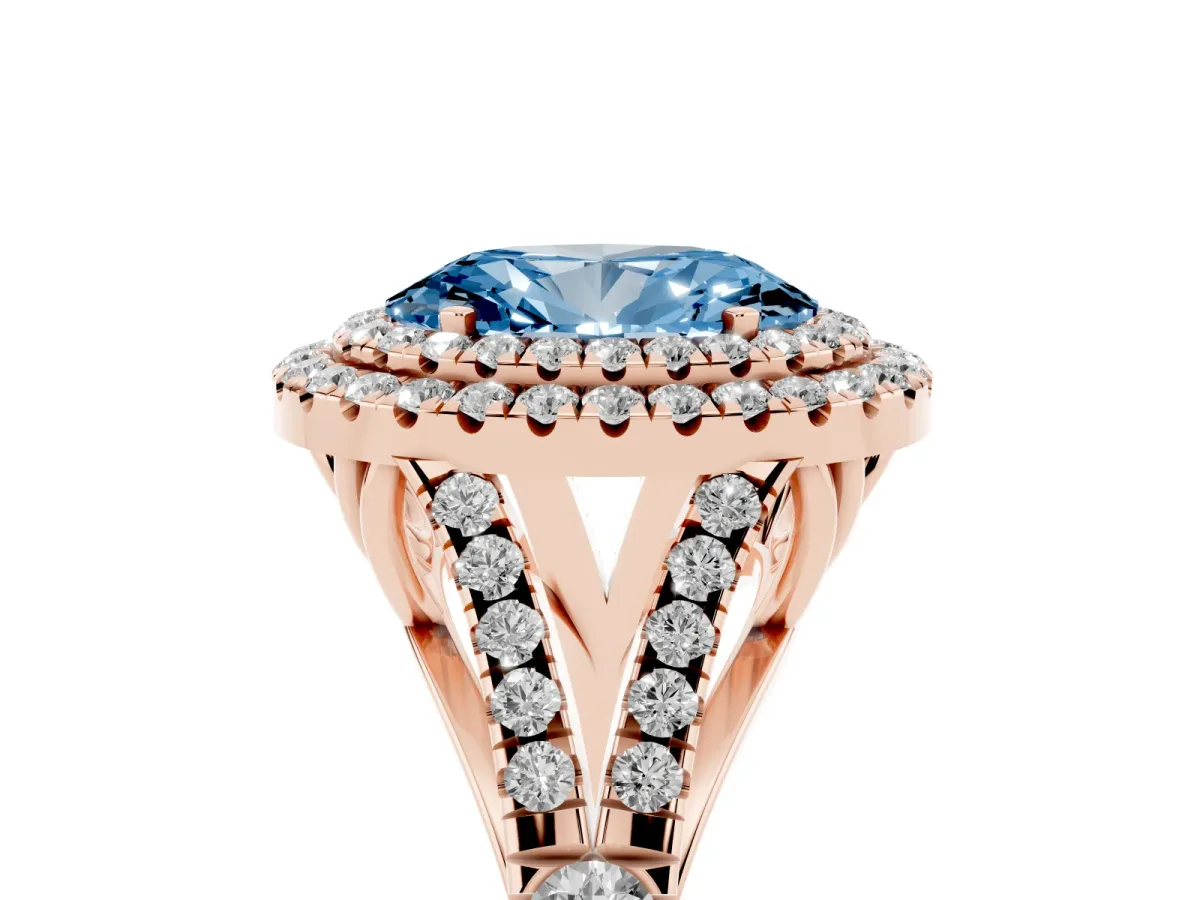 Fancy Blue Double Halo Oval Cut Diamond Split Shank Engagement Ring with Four-Prong Setting Rose gold