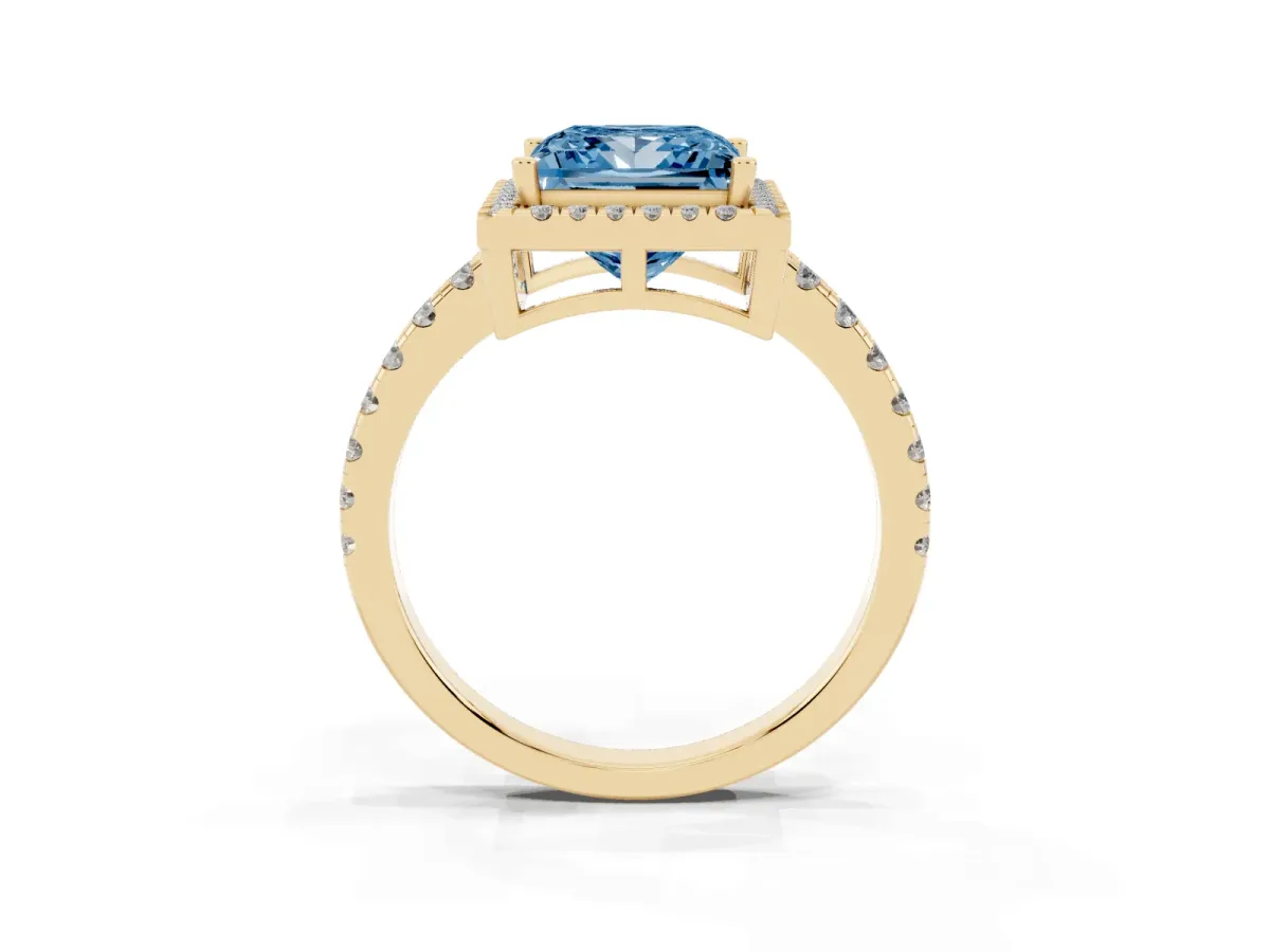 Fancy Blue Princess Cut Diamond Halo Ring with Pavé Band and Four-Prong Setting Yellow gold
