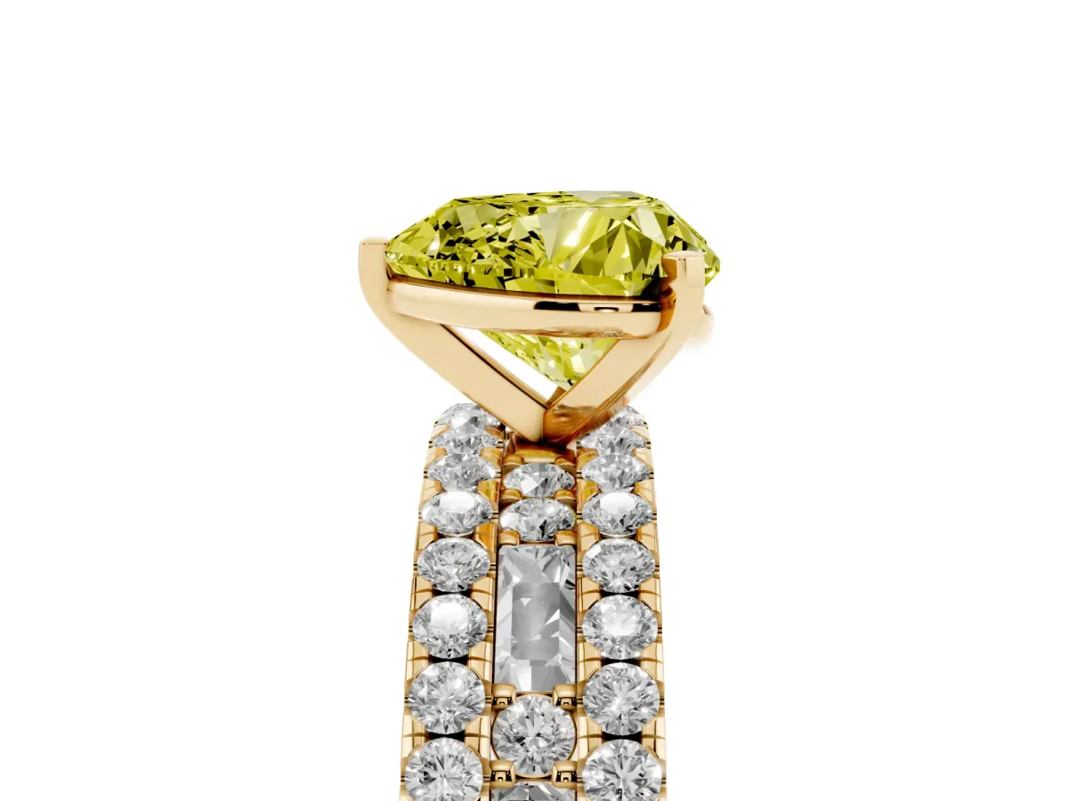 Fancy Yellow Heart Cut Diamond Solitaire Ring with Pavé and Channel Set Band Yellow gold
